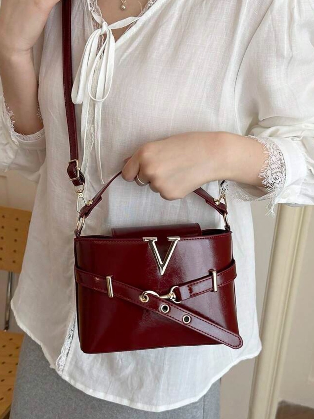 Women's Burgundy Top-Handle Satchel with V Accent